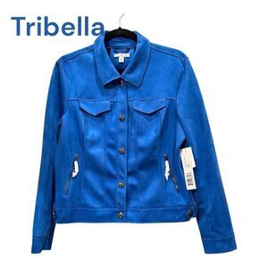 TRIBELLA Blazer Jacket Size L Faux Suede Micro-Denier Snaps Cobalt Blue